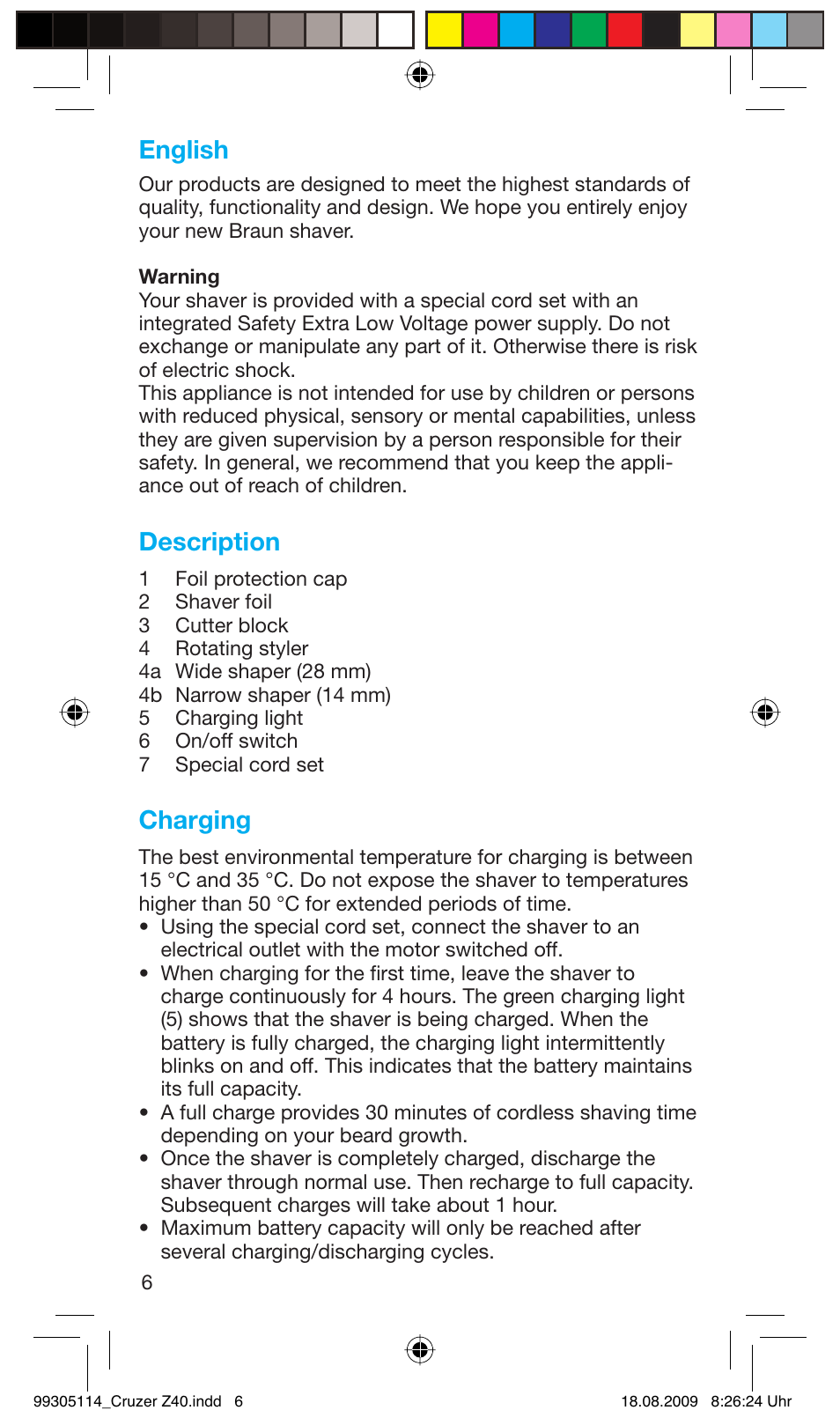 English, Description, Charging | Braun Z40 CruZer2 User Manual | Page 5 / 57