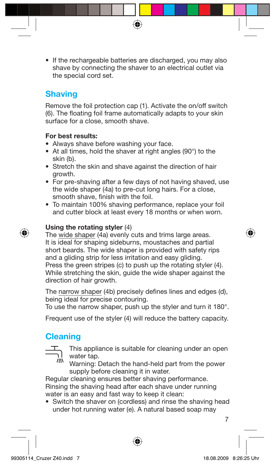 Shaving, Cleaning | Braun Z40 CruZer2 User Manual | Page 6 / 57