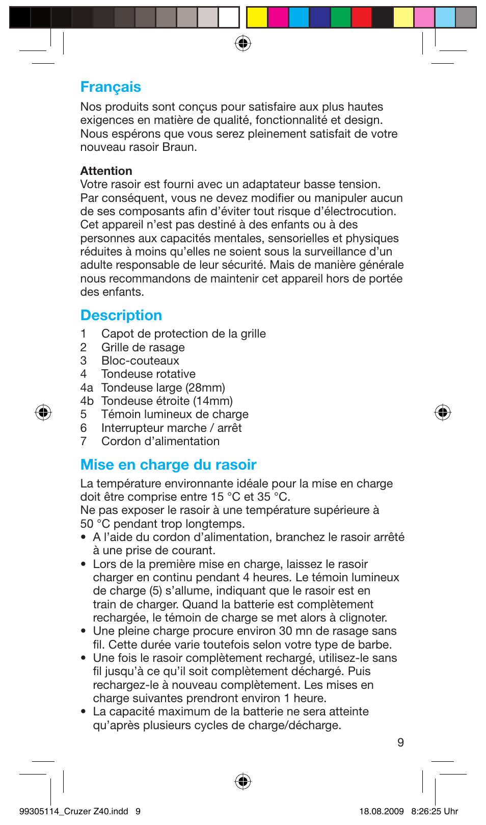 Description, Mise en charge du rasoir, Français | Braun Z40 CruZer2 User Manual | Page 8 / 57