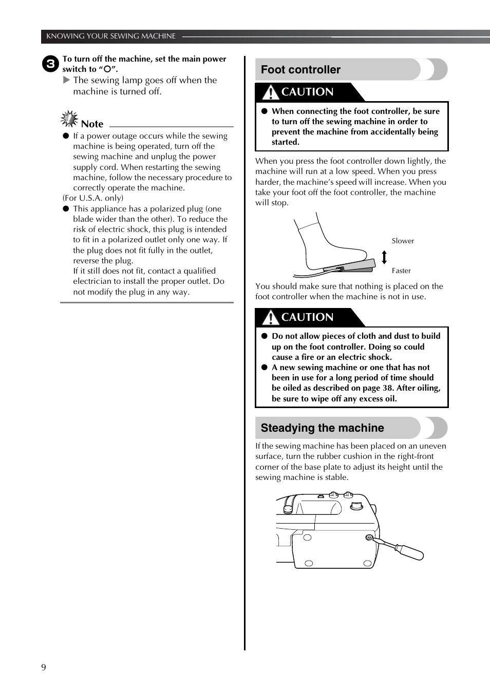 Foot controller, Steadying the machine, Caution | Brother LS2350 User Manual | Page 10 / 96