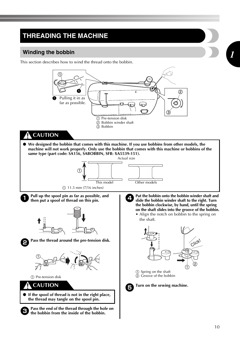 Threading the machine, Winding the bobbin, Caution | Brother LS2350 User Manual | Page 11 / 96