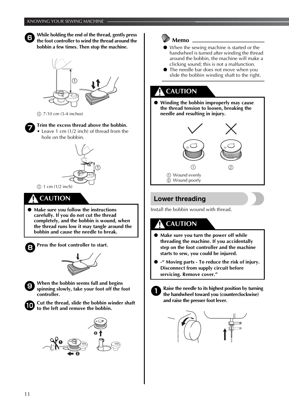 Lower threading, Caution | Brother LS2350 User Manual | Page 12 / 96