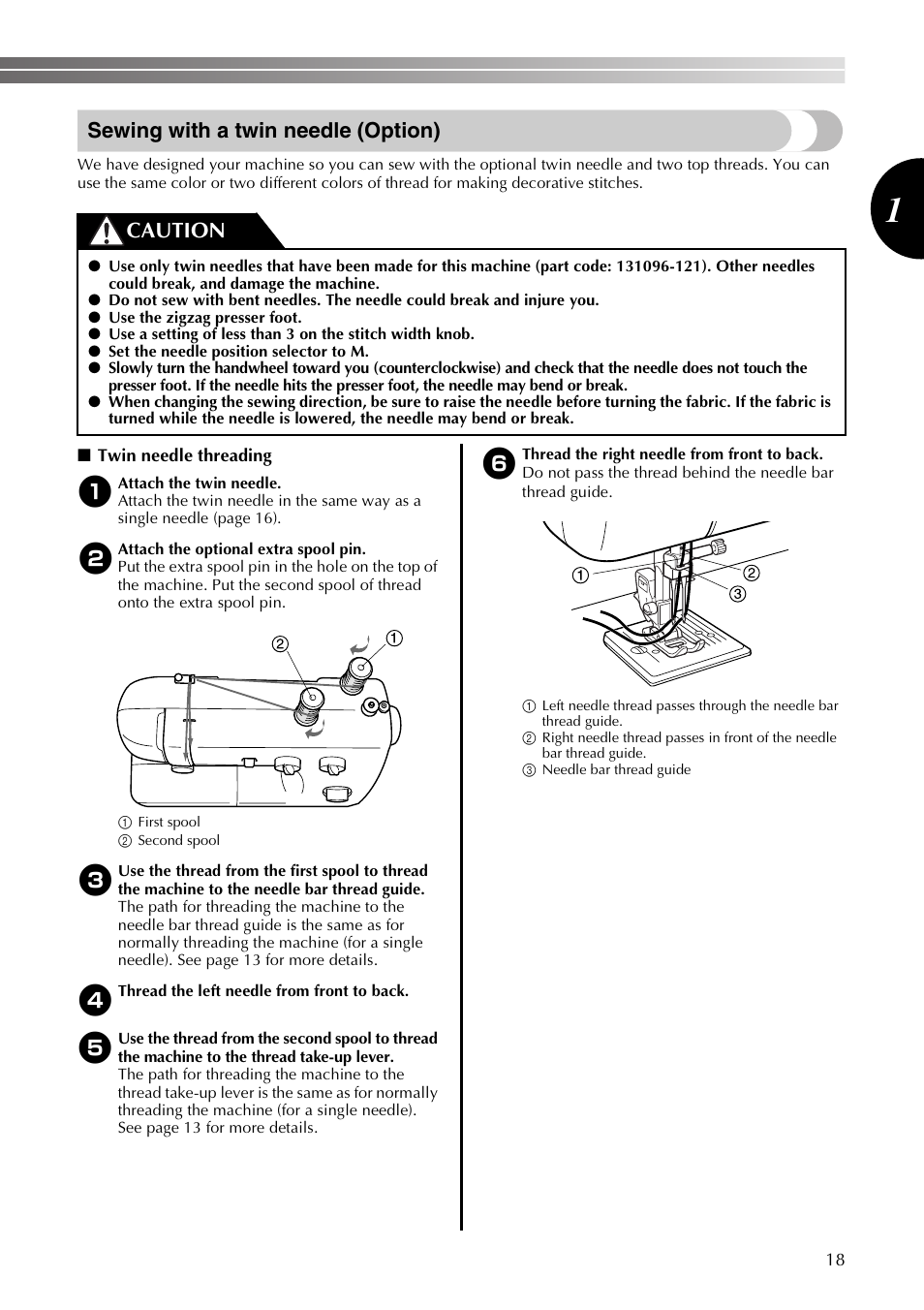 Sewing with a twin needle (option), Caution | Brother LS2350 User Manual | Page 19 / 96