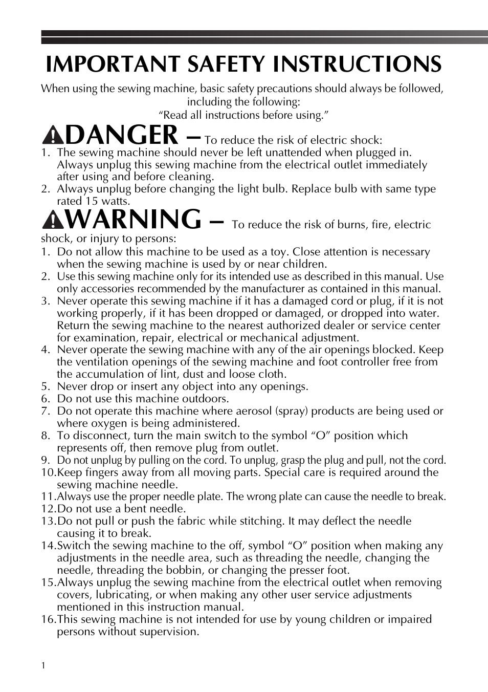 Danger, Warning, Important safety instructions | Brother LS2350 User Manual | Page 2 / 96