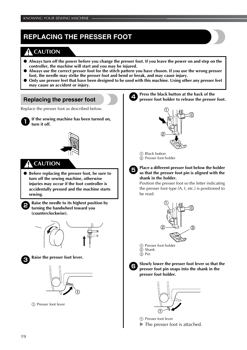 Replacing the presser foot, Caution | Brother LS2350 User Manual | Page 20 / 96