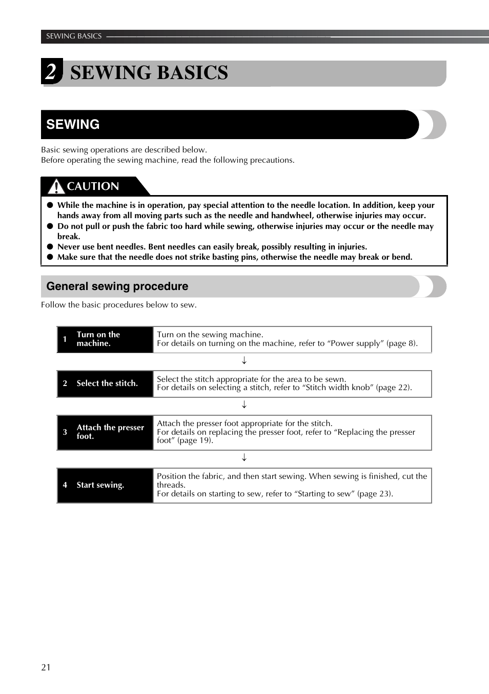Sewing basics, Sewing, General sewing procedure | Caution | Brother LS2350 User Manual | Page 22 / 96