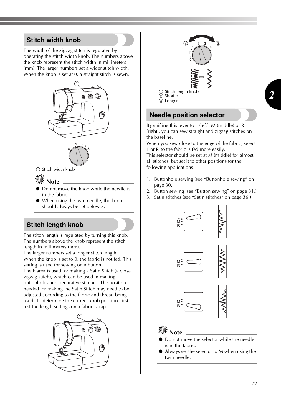 Stitch width knob, Stitch length knob, Needle position selector | Brother LS2350 User Manual | Page 23 / 96
