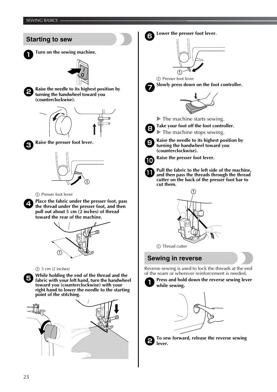 Starting to sew, Sewing in reverse | Brother LS2350 User Manual | Page 24 / 96