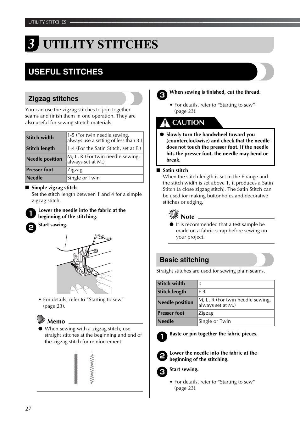Utility stitches, Useful stitches, Zigzag stitches | Basic stitching, Caution | Brother LS2350 User Manual | Page 28 / 96