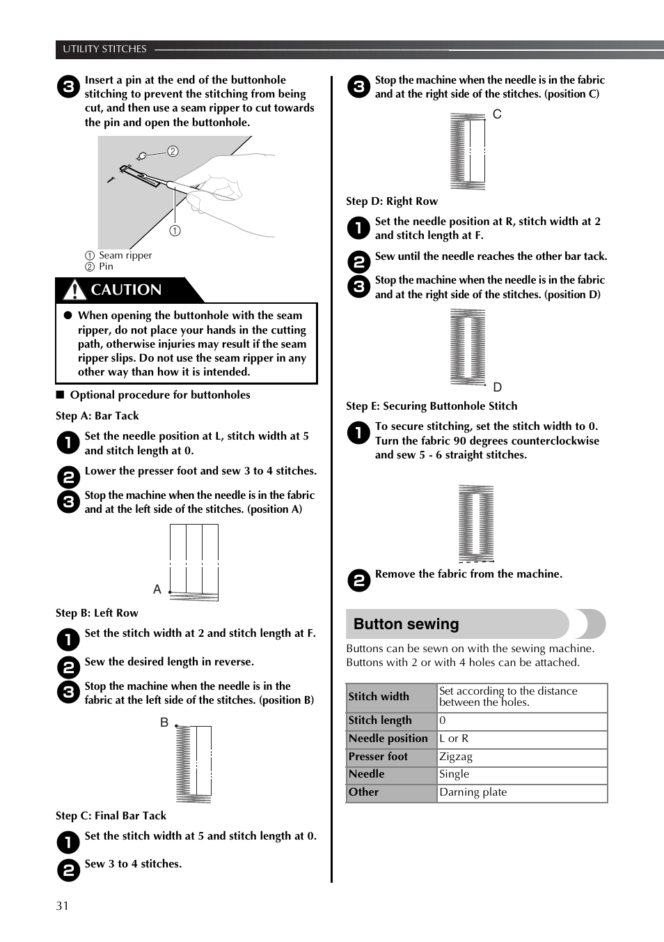 Button sewing, Caution | Brother LS2350 User Manual | Page 32 / 96