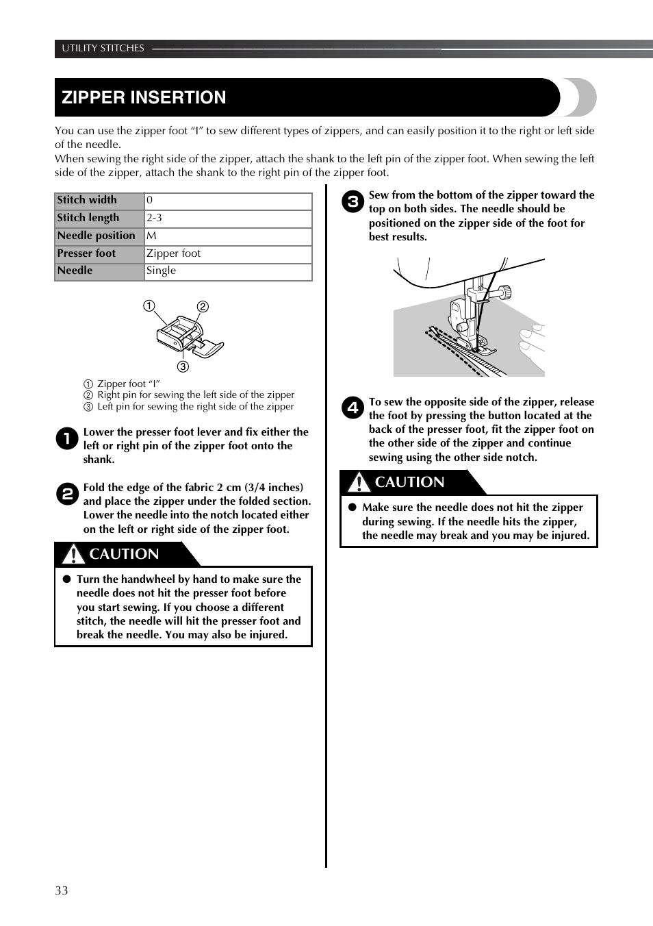 Zipper insertion, Caution | Brother LS2350 User Manual | Page 34 / 96