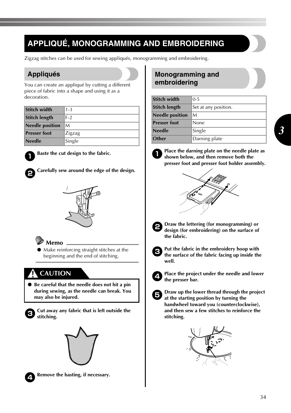 Appliqué, monogramming and embroidering, Appliqués, Monogramming and embroidering | Caution | Brother LS2350 User Manual | Page 35 / 96