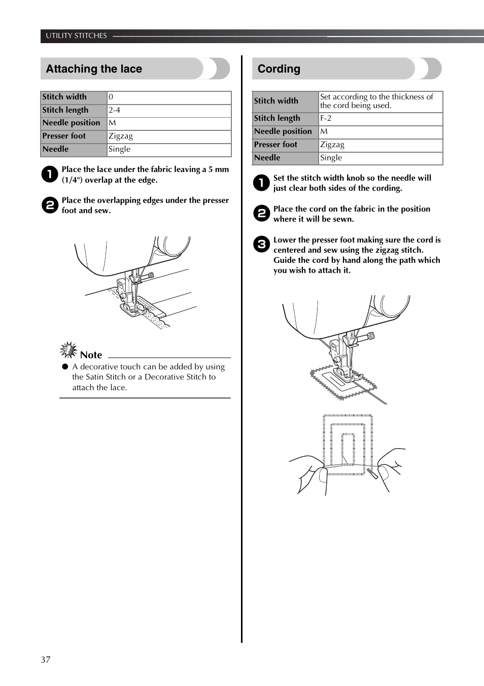 Attaching the lace, Cording | Brother LS2350 User Manual | Page 38 / 96