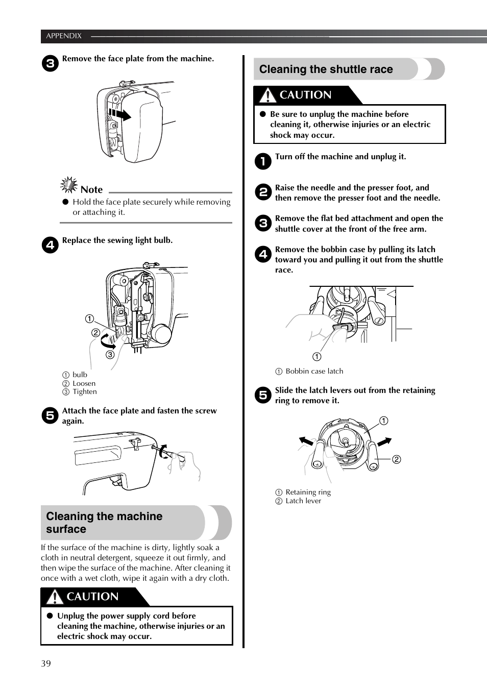 Cleaning the machine surface, Cleaning the shuttle race, Caution | Brother LS2350 User Manual | Page 40 / 96