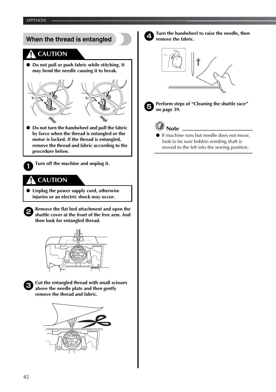 When the thread is entangled, Caution | Brother LS2350 User Manual | Page 46 / 96