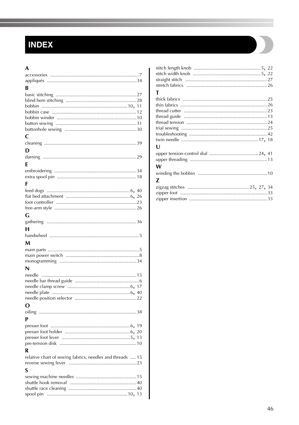 Index | Brother LS2350 User Manual | Page 47 / 96