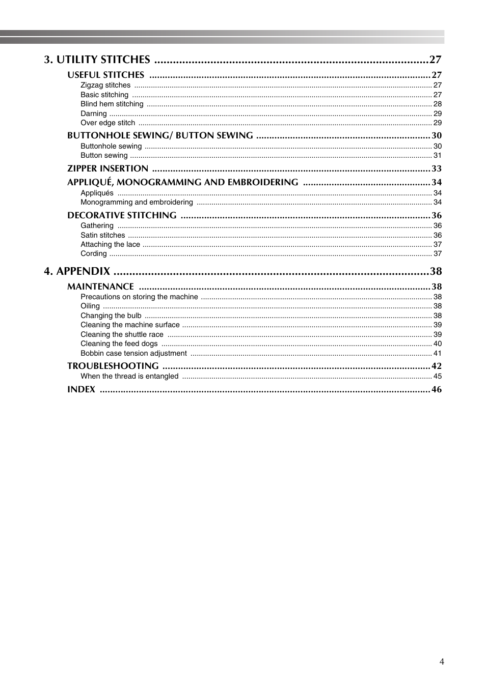 Utility stitches, Appendix | Brother LS2350 User Manual | Page 5 / 96