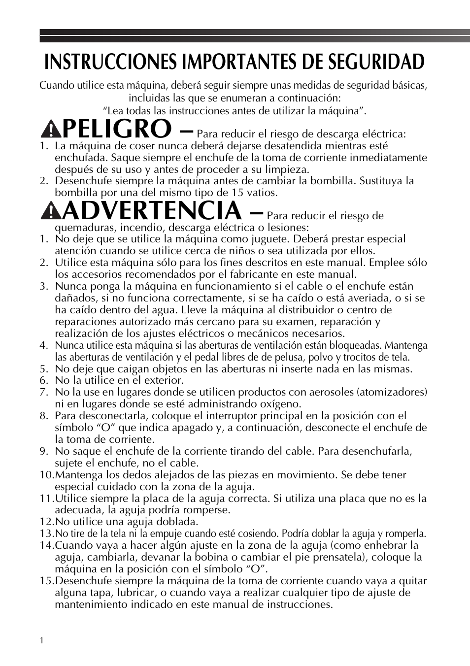 Peligro, Advertencia, Instrucciones importantes de seguridad | Brother LS2350 User Manual | Page 50 / 96