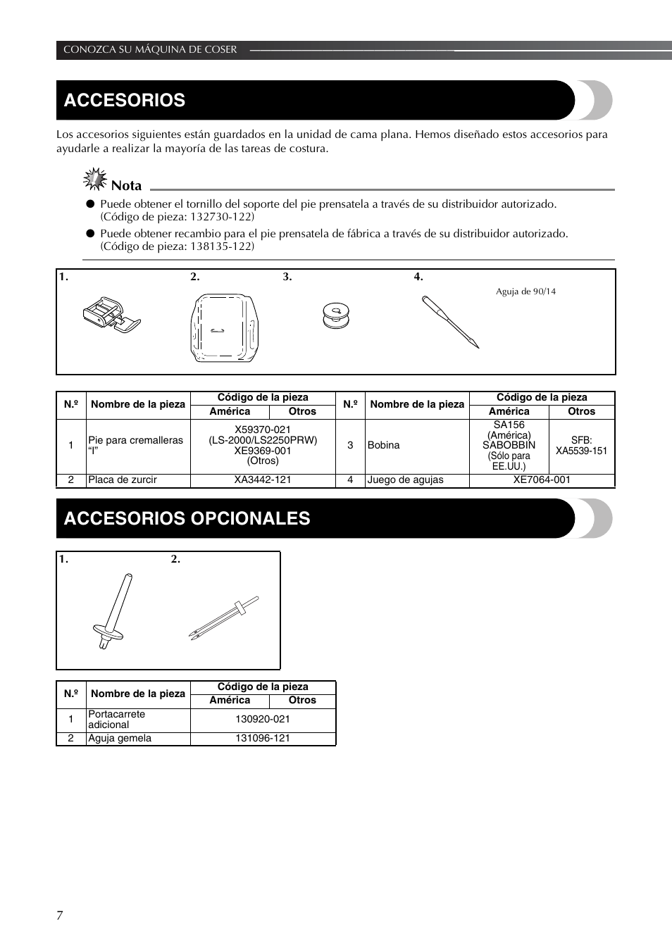Accesorios, Accesorios opcionales, Nota | Brother LS2350 User Manual | Page 56 / 96