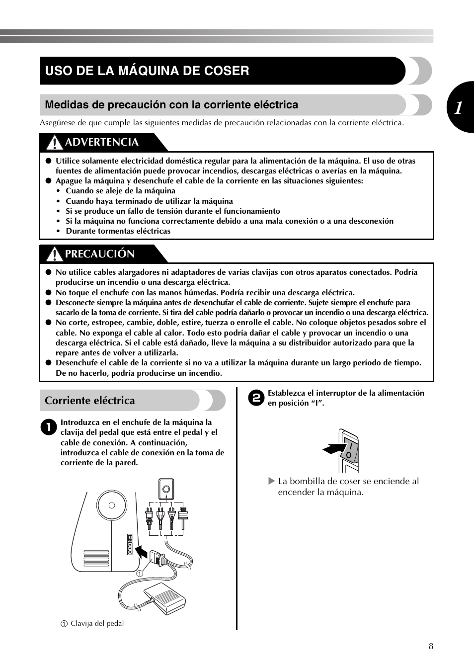 Uso de la máquina de coser, Medidas de precaución con la corriente eléctrica, Corriente eléctrica | Advertencia precaución | Brother LS2350 User Manual | Page 57 / 96