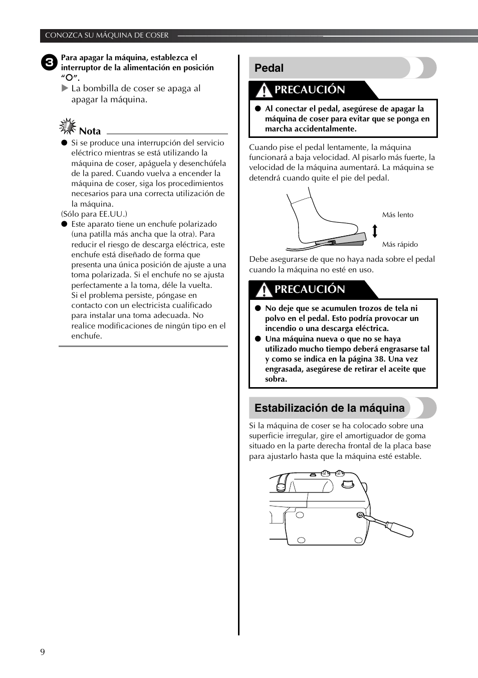 Pedal, Estabilización de la máquina, Precaución | Brother LS2350 User Manual | Page 58 / 96