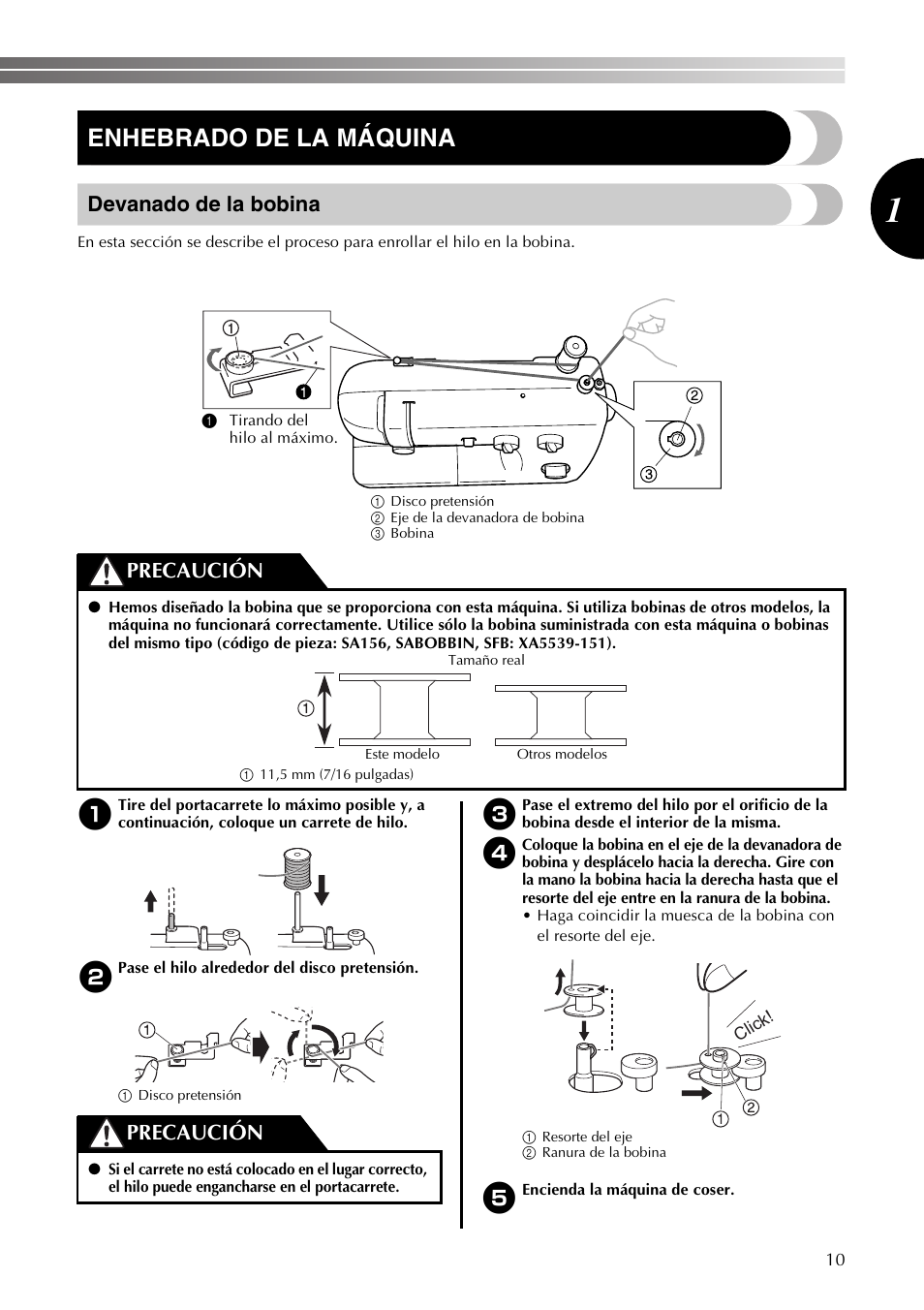 Enhebrado de la máquina, Devanado de la bobina, Precaución | Brother LS2350 User Manual | Page 59 / 96