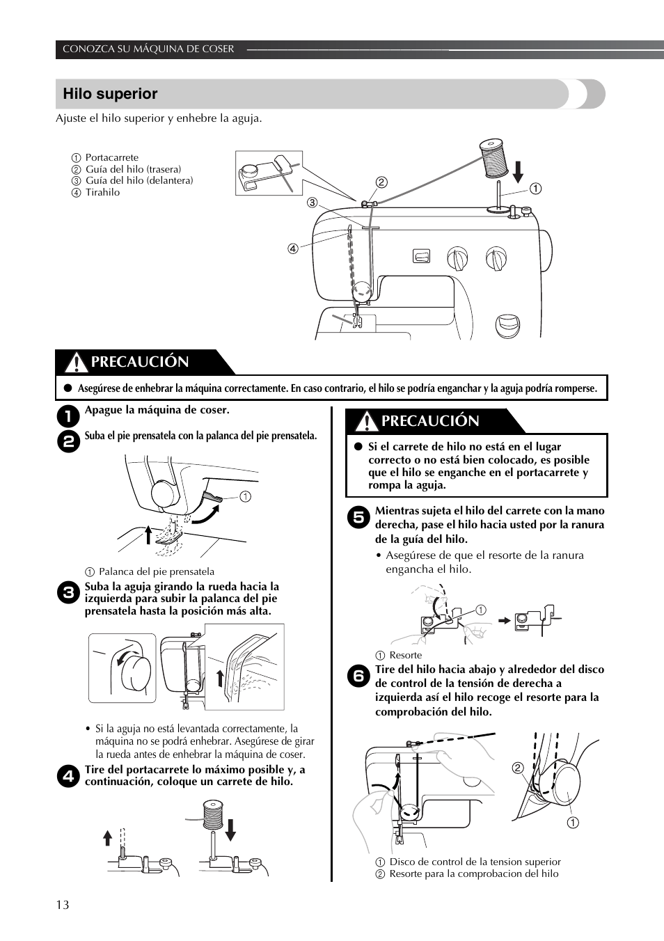 Hilo superior, Precaución | Brother LS2350 User Manual | Page 62 / 96