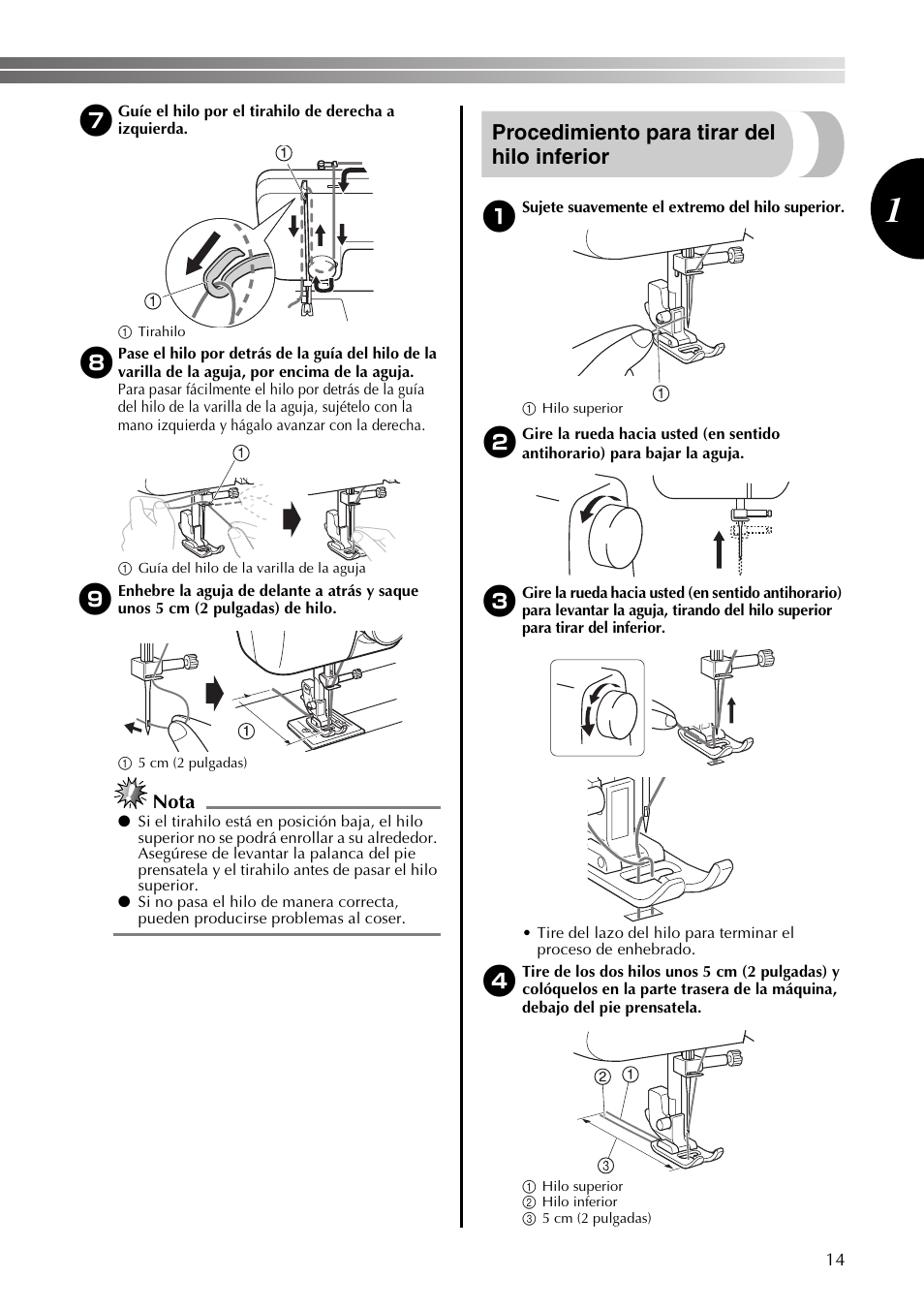 Procedimiento para tirar del hilo inferior, Nota | Brother LS2350 User Manual | Page 63 / 96
