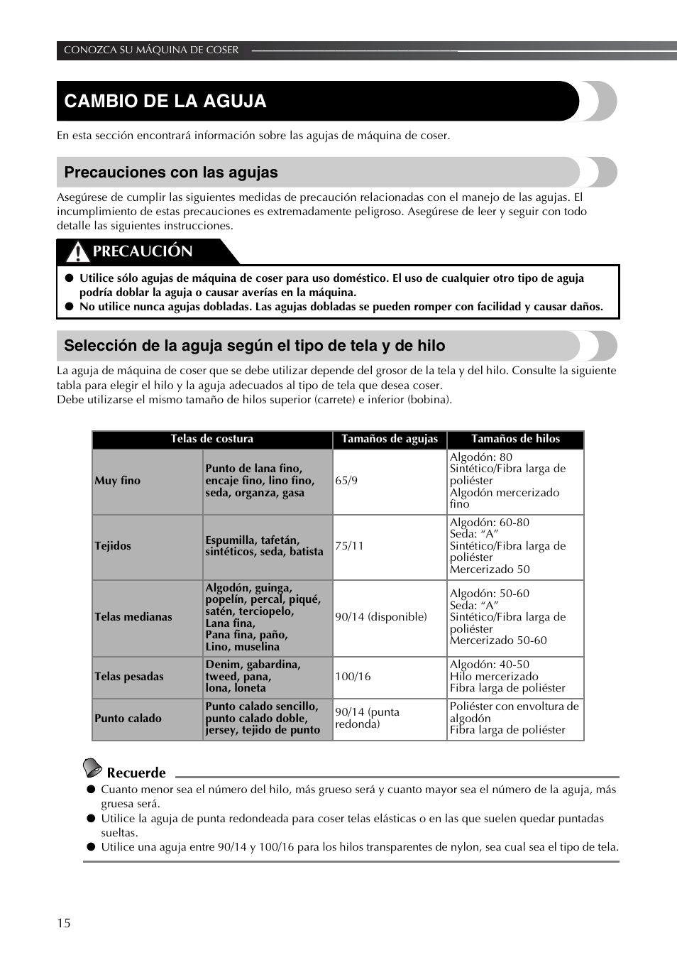 Cambio de la aguja, Precauciones con las agujas, Precaución | Recuerde | Brother LS2350 User Manual | Page 64 / 96