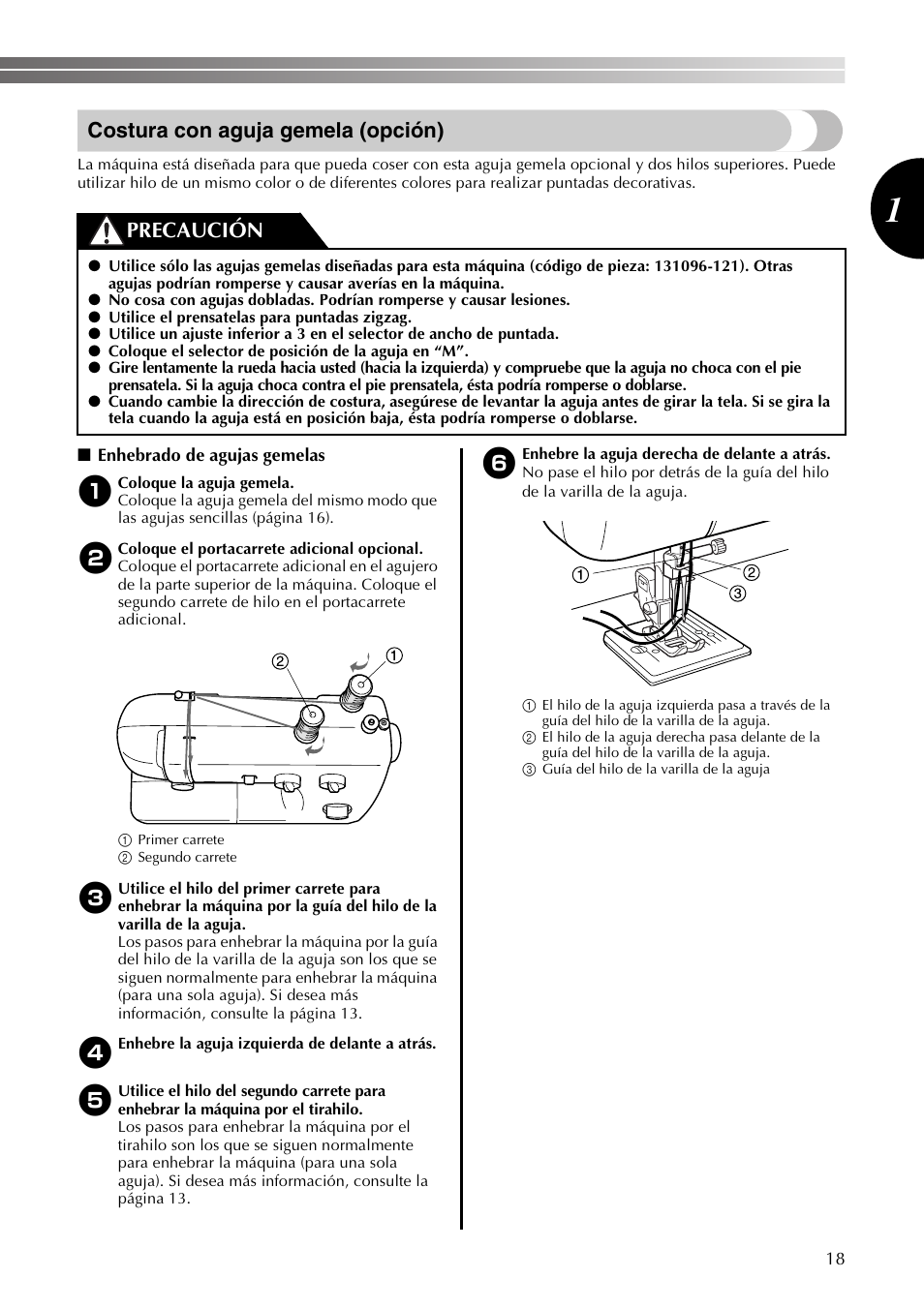 Costura con aguja gemela (opción), Precaución | Brother LS2350 User Manual | Page 67 / 96