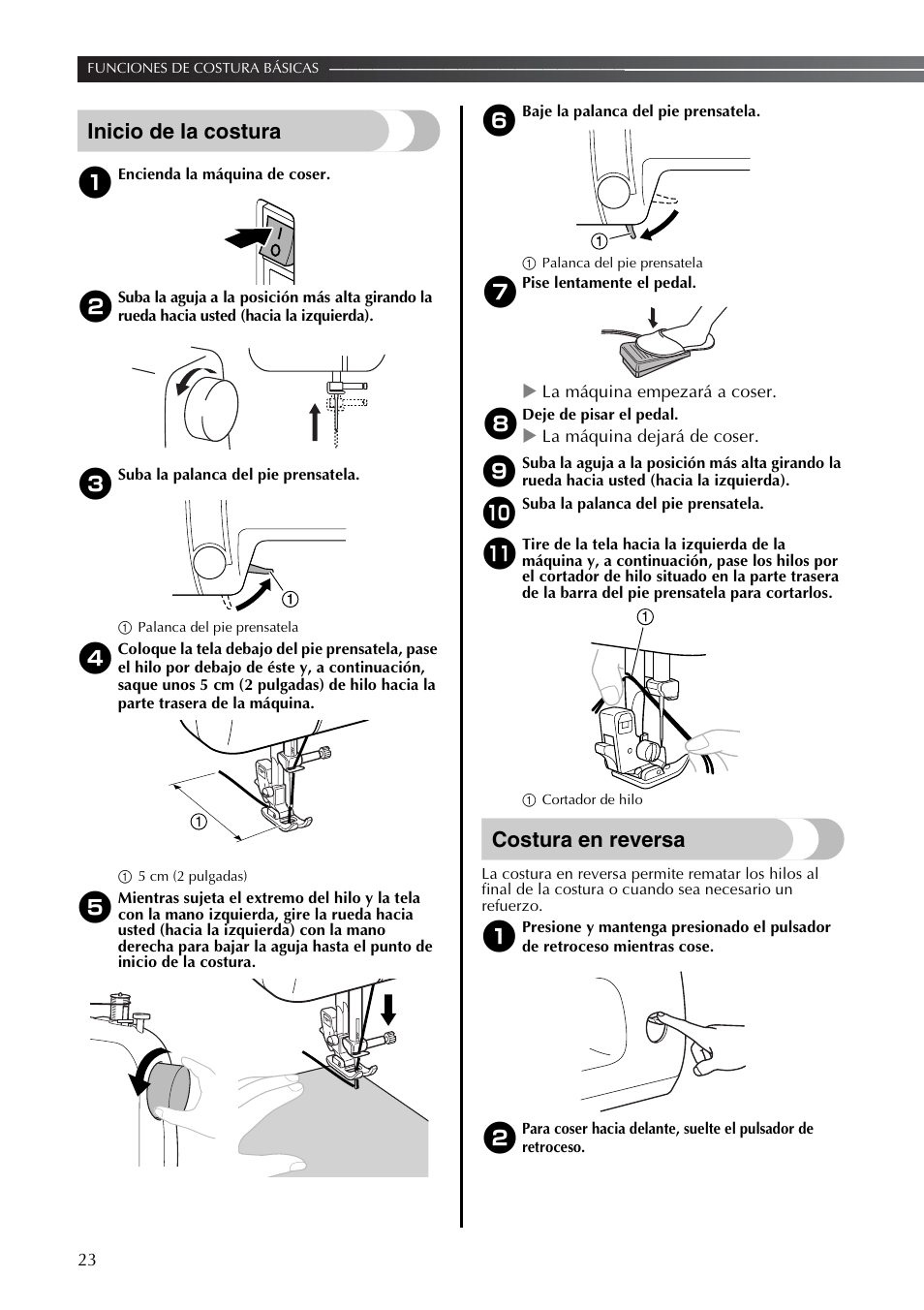 Inicio de la costura, Costura en reversa | Brother LS2350 User Manual | Page 72 / 96