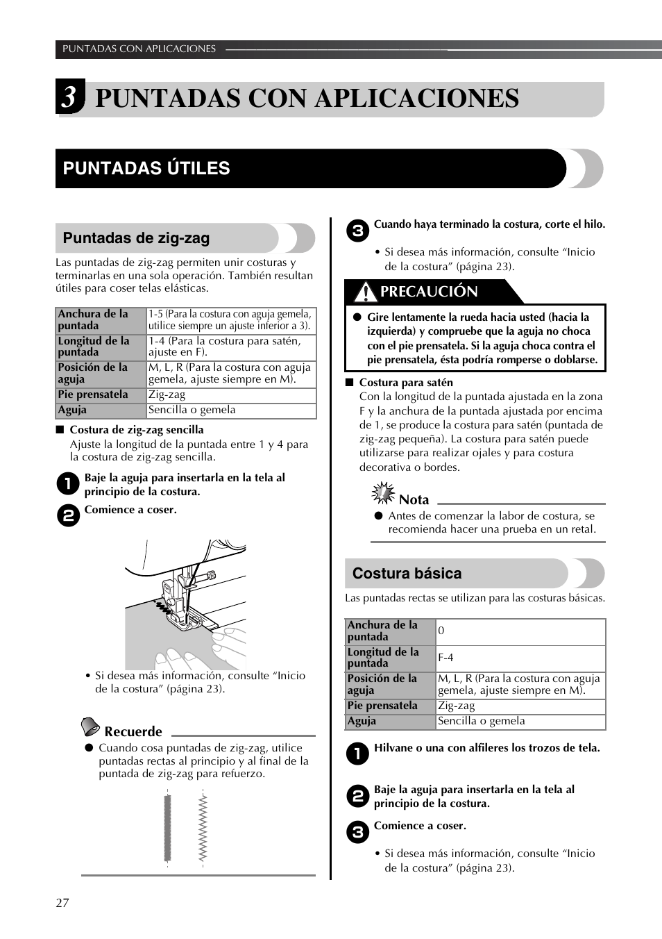 Puntadas con aplicaciones, Puntadas útiles, Puntadas de zig-zag | Costura básica, Precaución | Brother LS2350 User Manual | Page 76 / 96