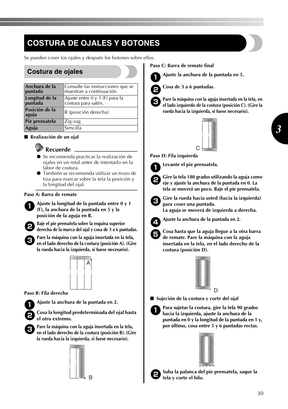 Costura de ojales y botones, Costura de ojales, Recuerde | Brother LS2350 User Manual | Page 79 / 96