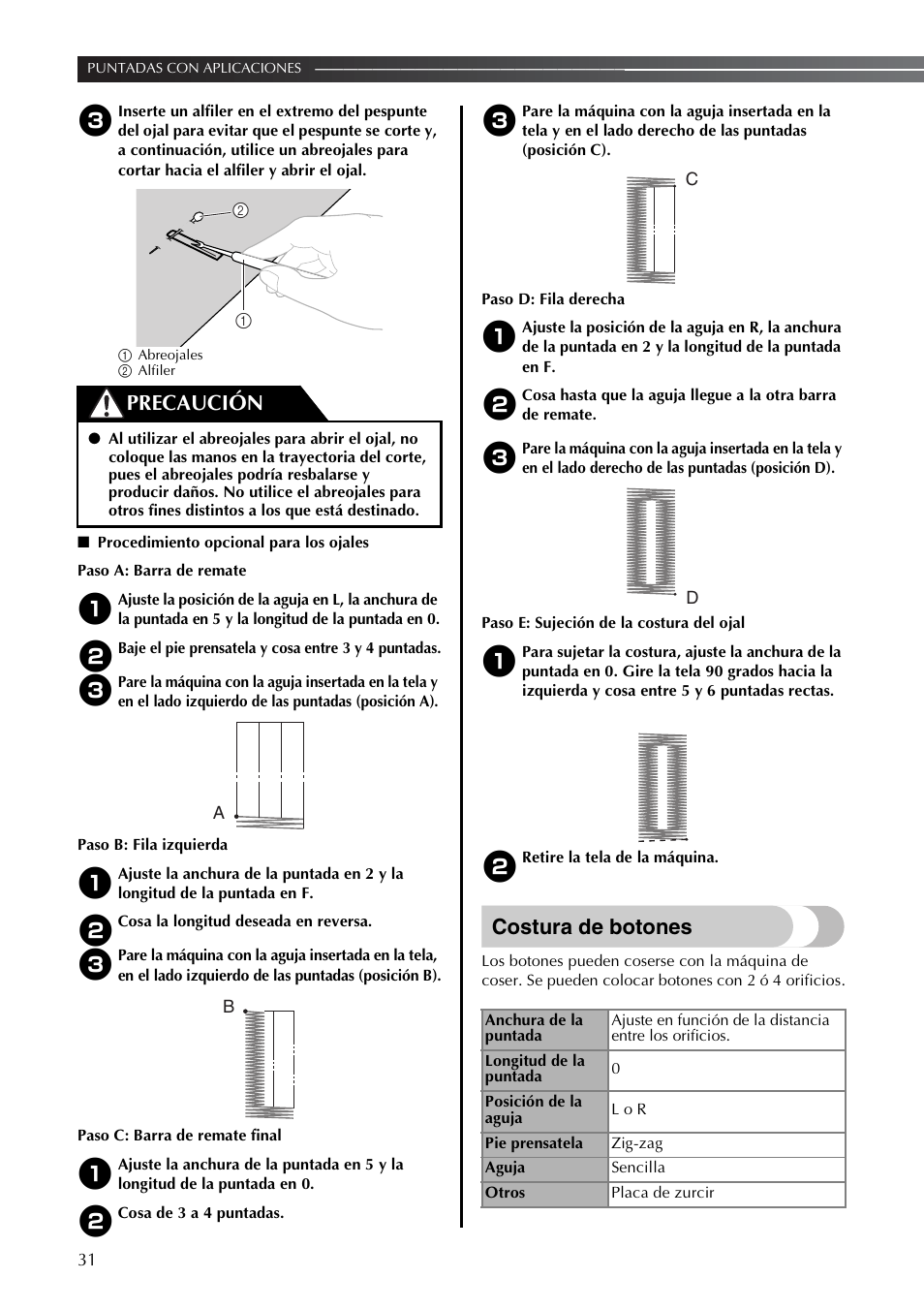 Costura de botones, Precaución | Brother LS2350 User Manual | Page 80 / 96