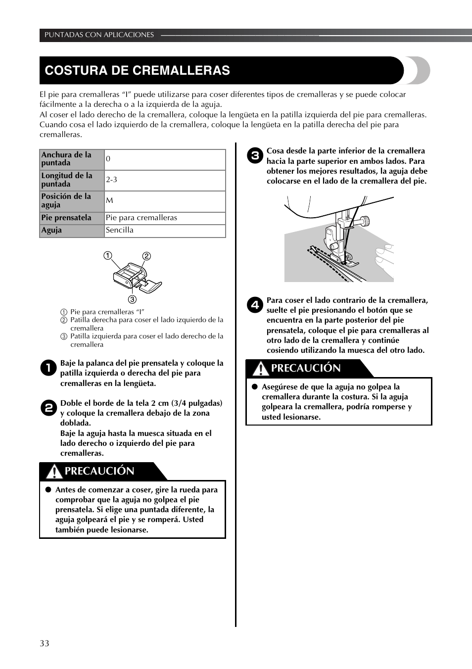 Costura de cremalleras, Precaución | Brother LS2350 User Manual | Page 82 / 96