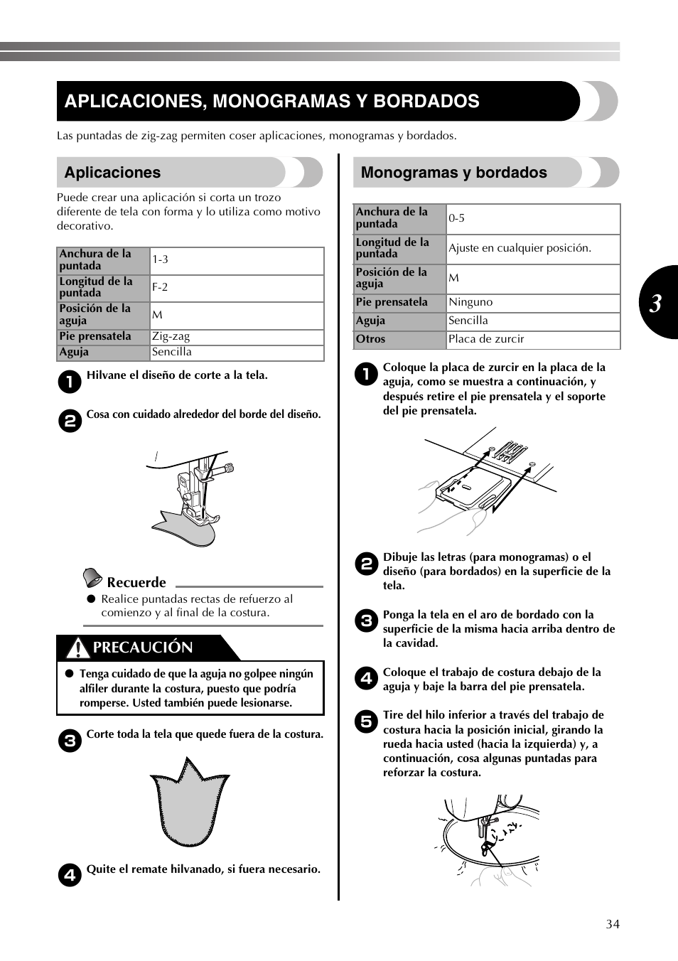 Aplicaciones, monogramas y bordados, Aplicaciones, Monogramas y bordados | Precaución | Brother LS2350 User Manual | Page 83 / 96