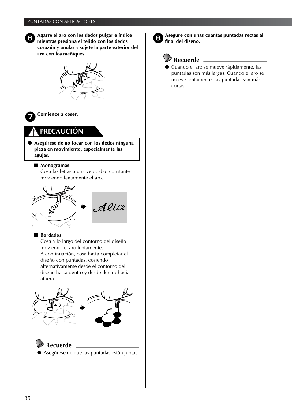 Precaución, Recuerde | Brother LS2350 User Manual | Page 84 / 96