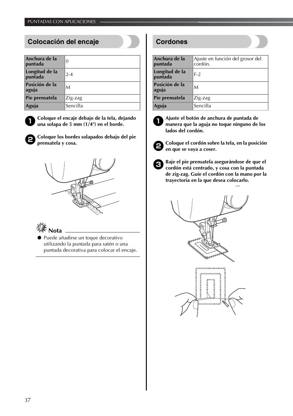 Colocación del encaje, Cordones, Nota | Brother LS2350 User Manual | Page 86 / 96