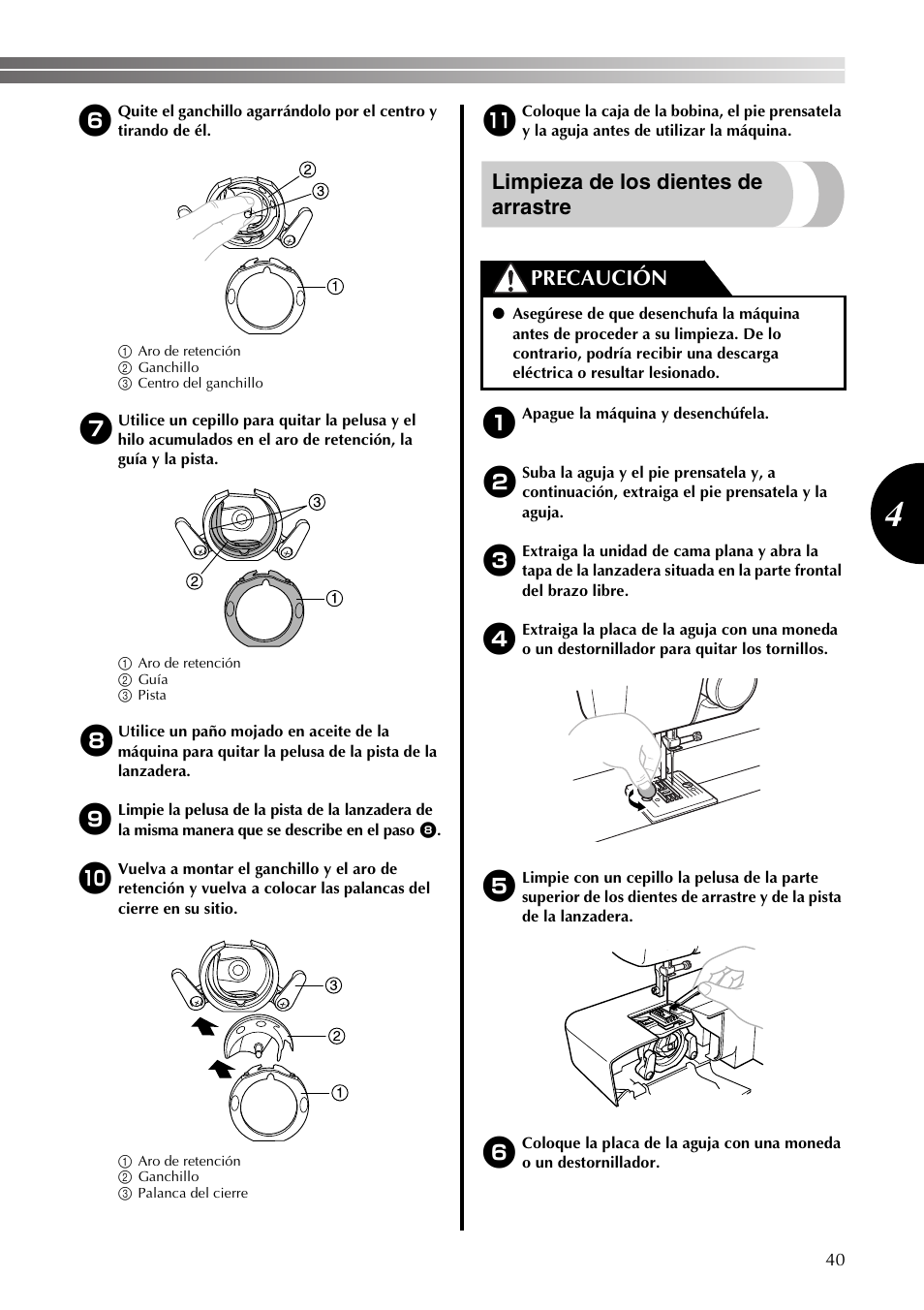 Limpieza de los dientes de arrastre, Precaución | Brother LS2350 User Manual | Page 89 / 96