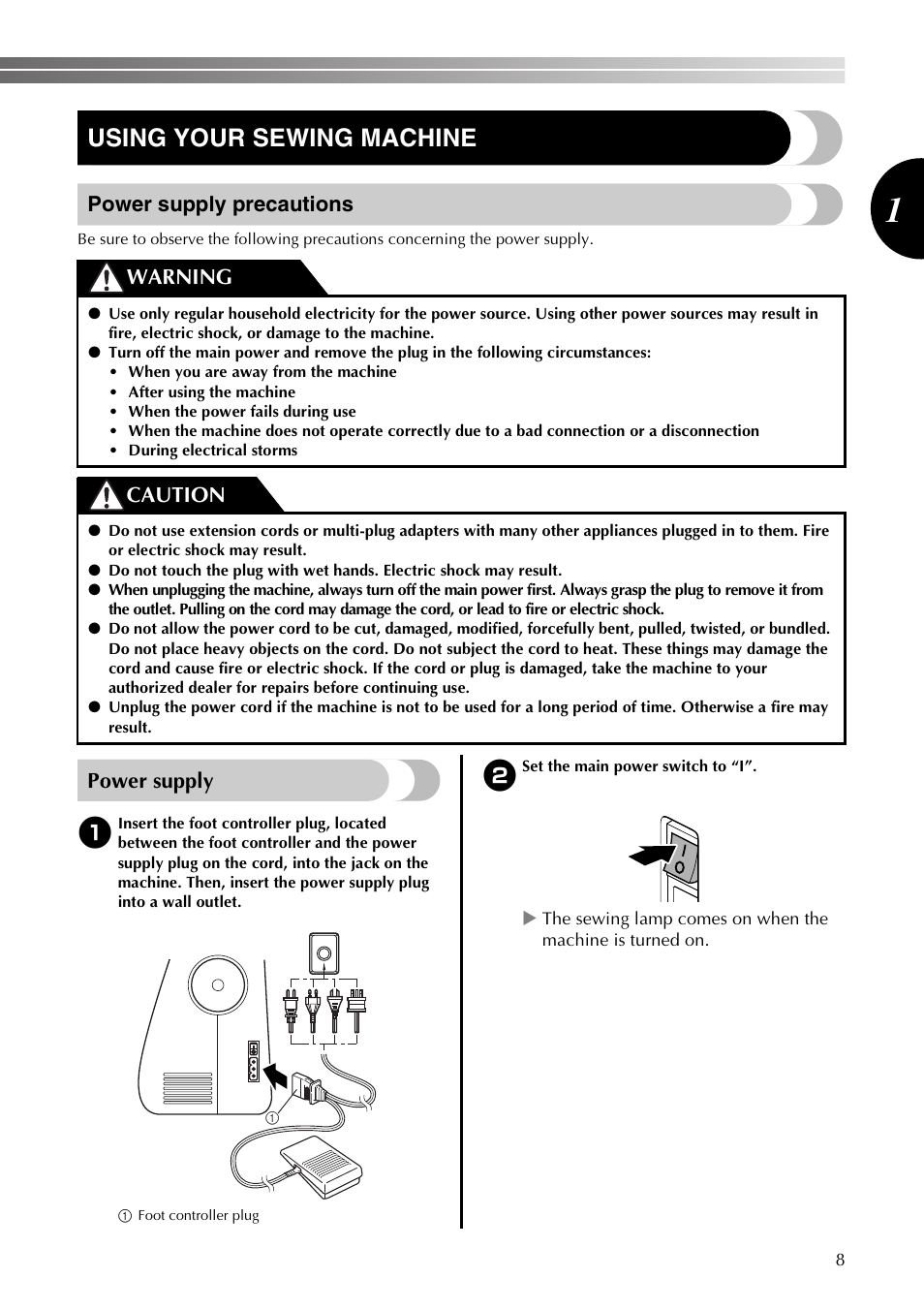 Using your sewing machine, Power supply precautions, Power supply | Warning caution | Brother LS2350 User Manual | Page 9 / 96