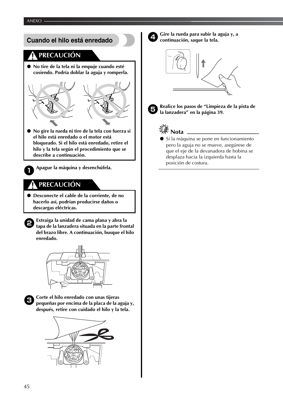 Cuando el hilo está enredado, Precaución, Nota | Brother LS2350 User Manual | Page 94 / 96