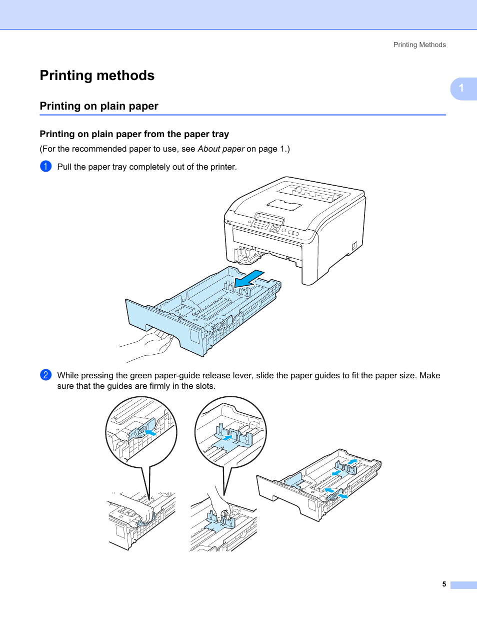 Printing methods, Printing on plain paper, Printing on plain paper from the paper tray | Brother HL-3075CW User Manual | Page 10 / 194