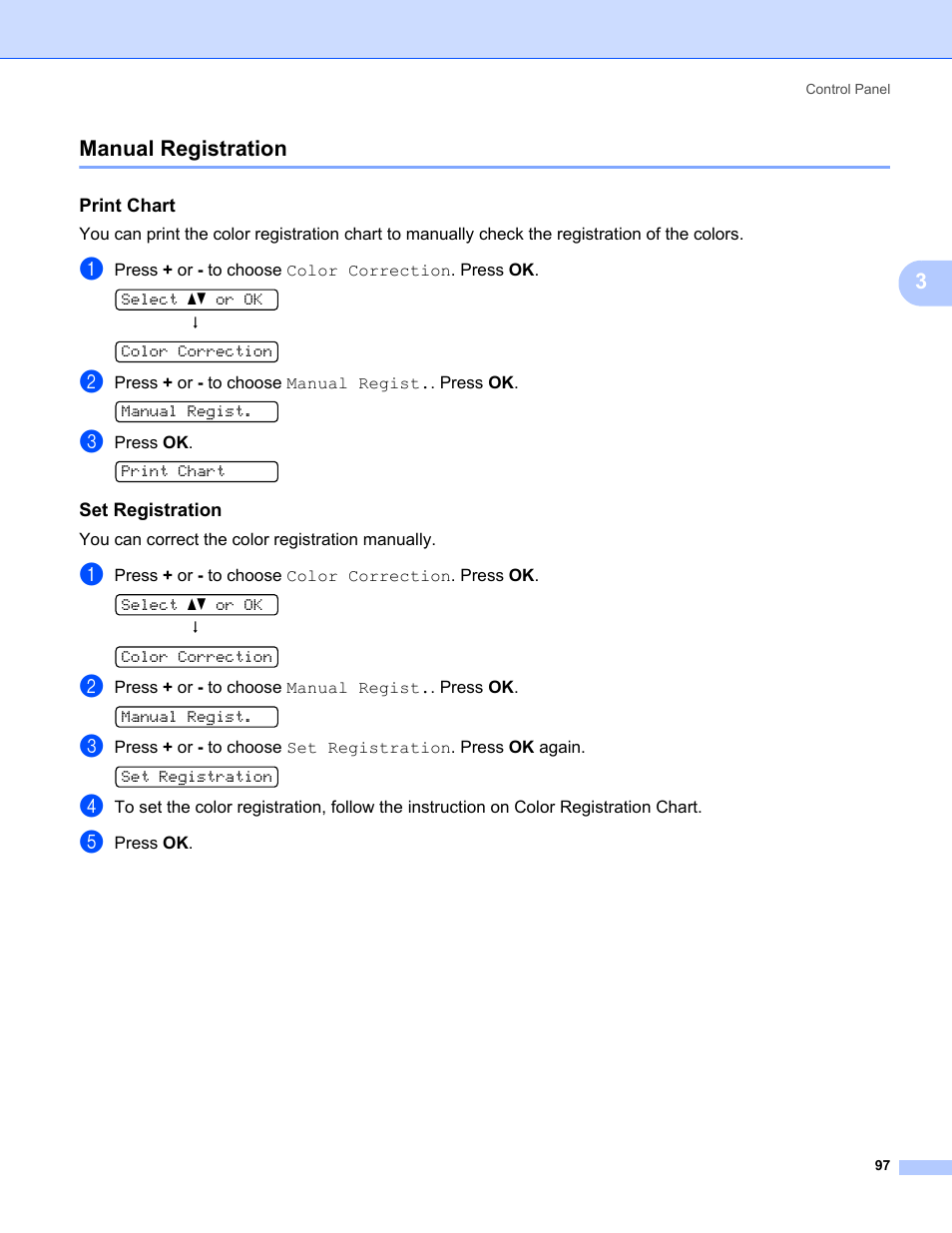 Manual registration, Print chart, Set registration | 3manual registration | Brother HL-3075CW User Manual | Page 102 / 194