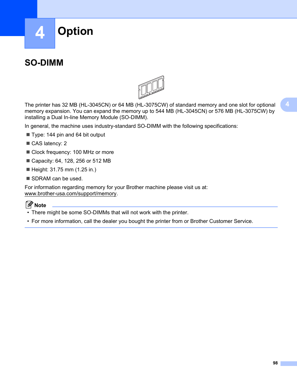 4 option, So-dimm, Option | Brother HL-3075CW User Manual | Page 103 / 194