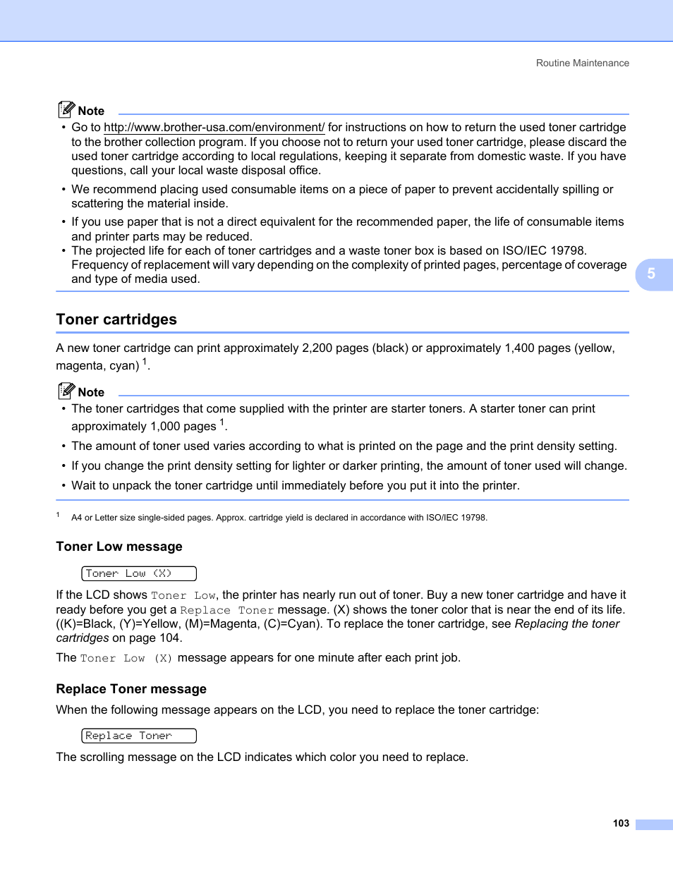 Toner cartridges, Toner low message, Replace toner message | Brother HL-3075CW User Manual | Page 108 / 194