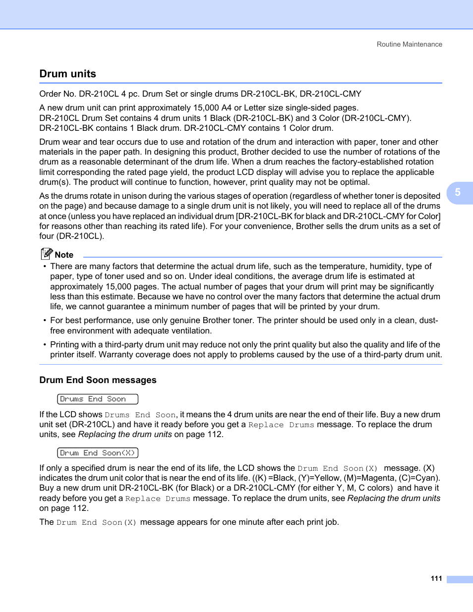 Drum units, Drum end soon messages, 5drum units | Brother HL-3075CW User Manual | Page 116 / 194