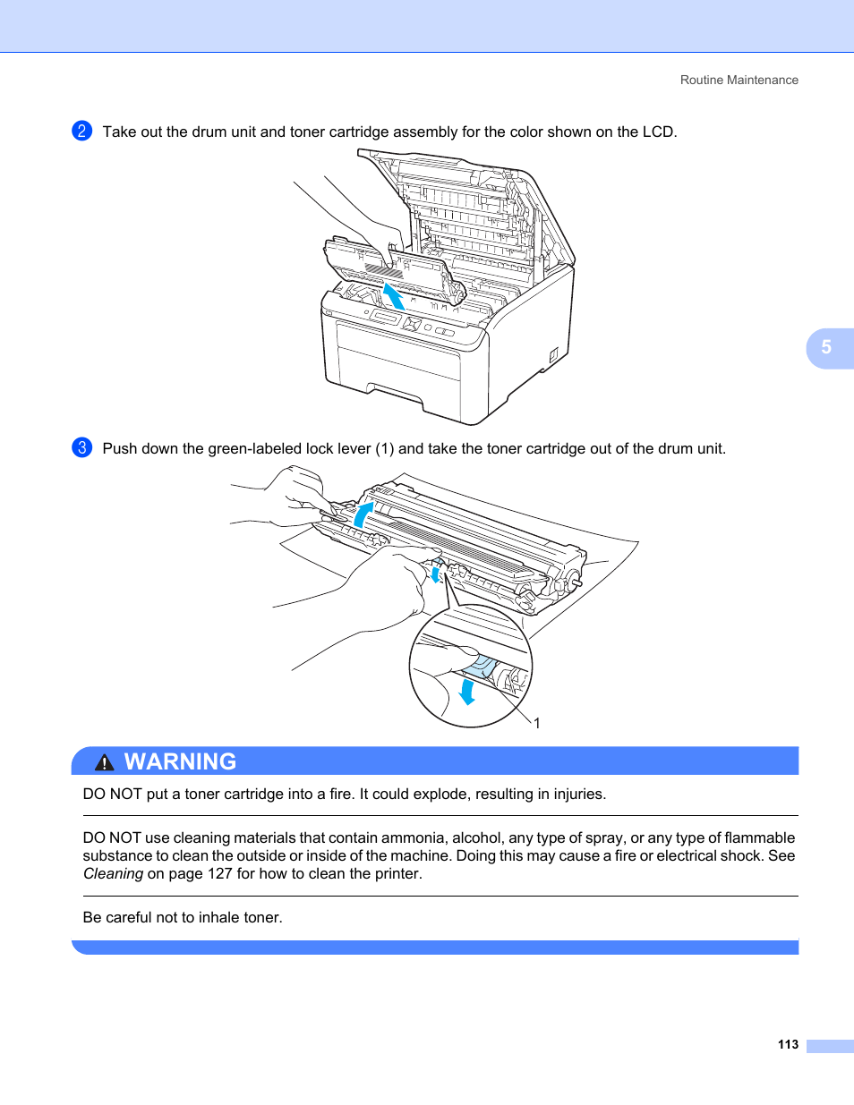 Warning, Be careful not to inhale toner | Brother HL-3075CW User Manual | Page 118 / 194