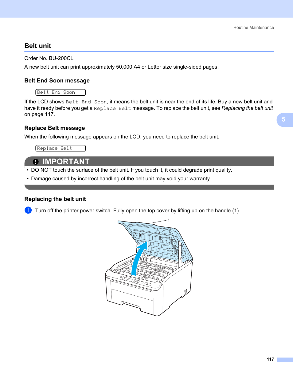 Belt unit, Belt end soon message, Replace belt message | Replacing the belt unit, Important, 5belt unit | Brother HL-3075CW User Manual | Page 122 / 194