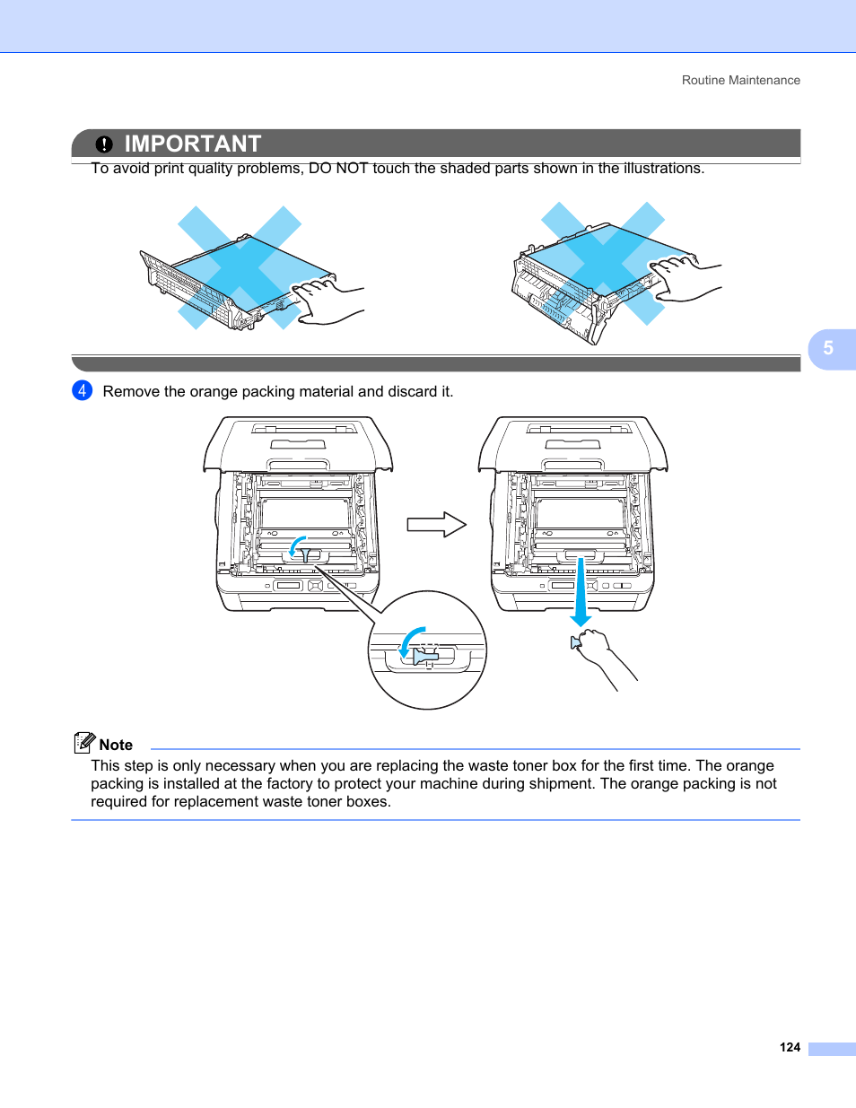Important, Remove the orange packing material and discard it | Brother HL-3075CW User Manual | Page 129 / 194
