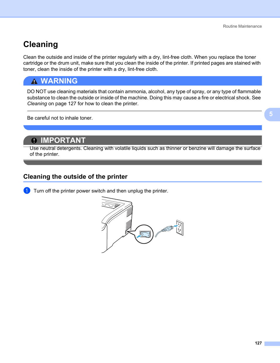 Cleaning, Cleaning the outside of the printer, Warning | Important, Be careful not to inhale toner | Brother HL-3075CW User Manual | Page 132 / 194